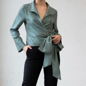 Quiet Luxury Pauw Amsterdam Silk Tie-Front Wrap Blouse Jacket Seafoam Green 1
